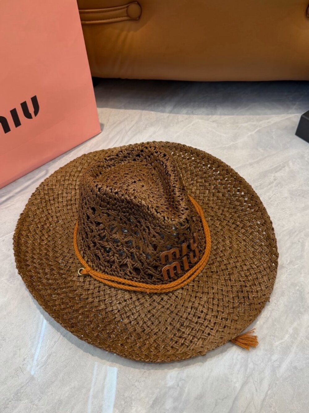 🤎Miu Miu Brown Woven Straw Cowboy Hat Tassel Chin Strap Logo Western Summer Sun - Picture 6 of 8